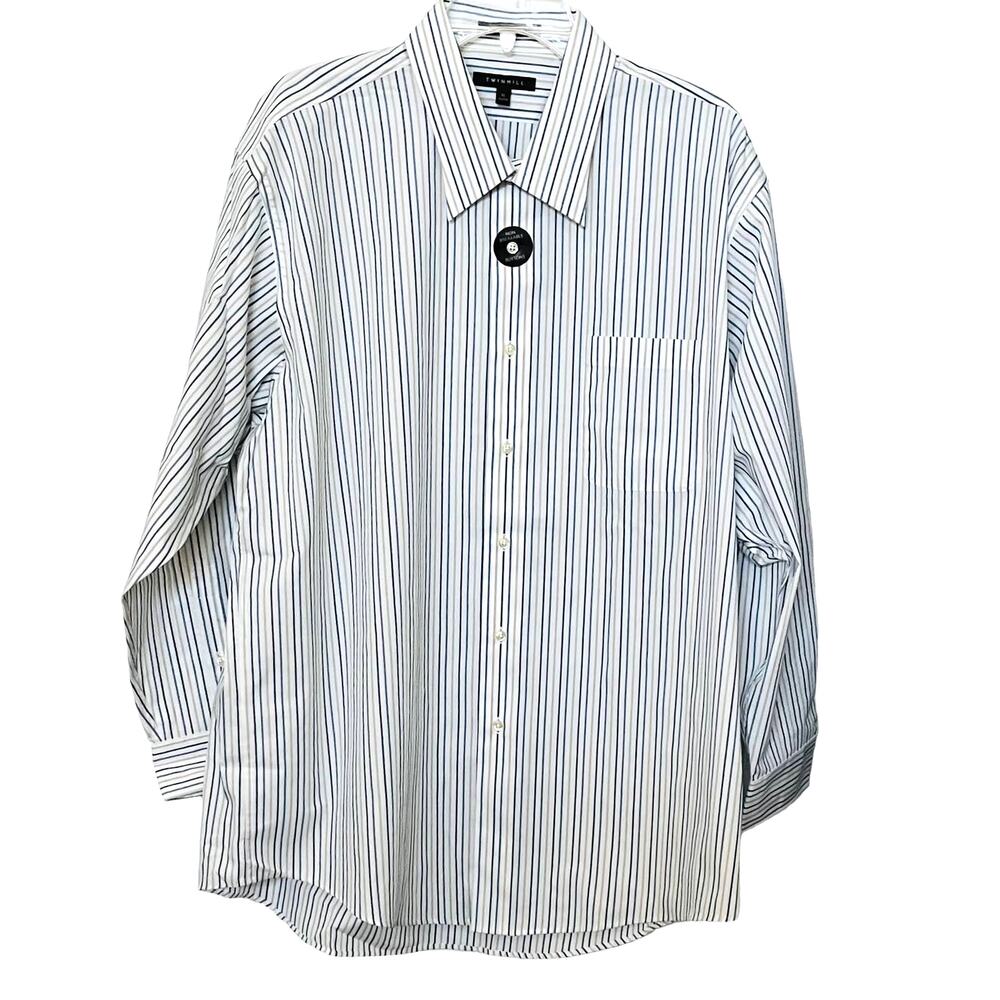 TWINHILL LONG SLEEVE  DRESS SHIRT, MENS, XL (32/33), WHITE BLUE GOLD PINSTRIPES